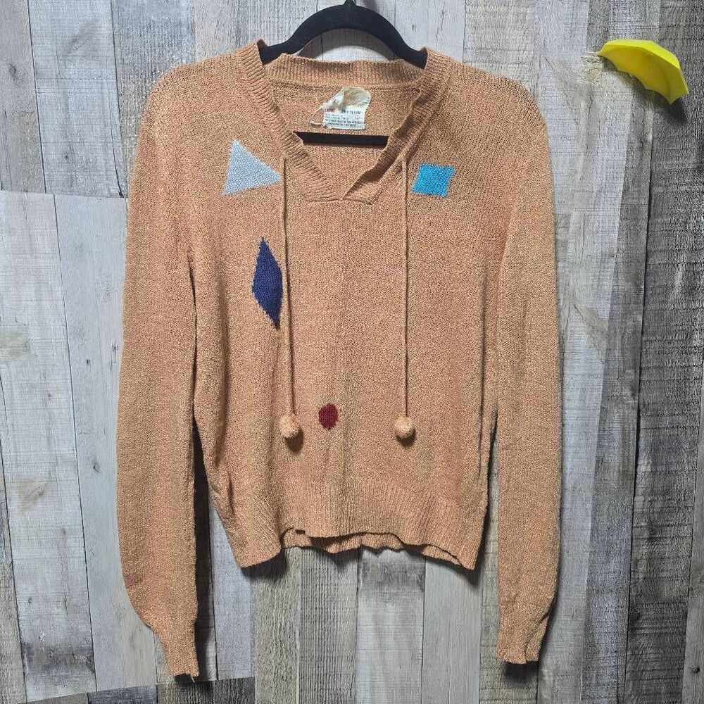Lilly of California Vintage 80s Orange Geometric Shape Knit Sweater Large Retro